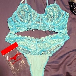 Blue Corset Lace Lingerie Bra and Underwear Set